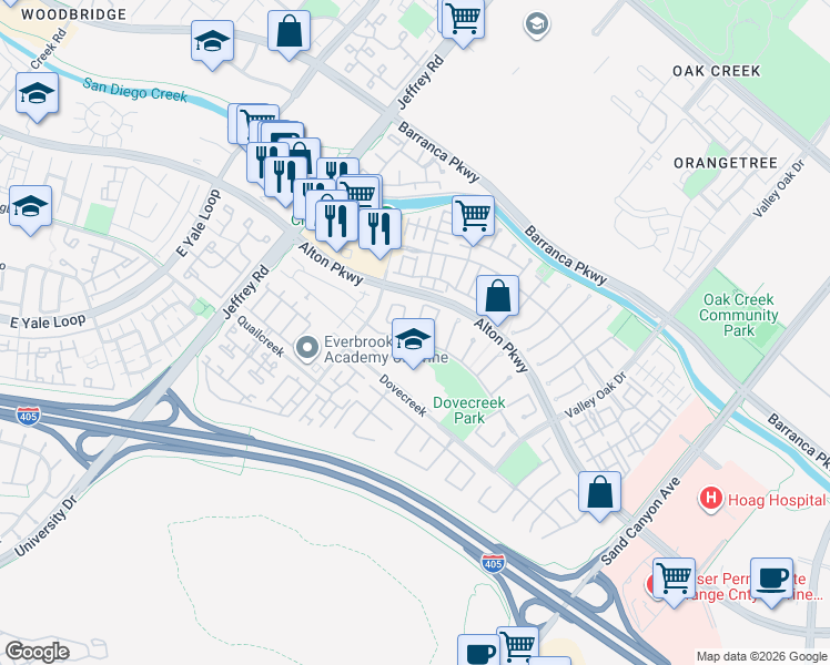 map of restaurants, bars, coffee shops, grocery stores, and more near 42 Redberry in Irvine