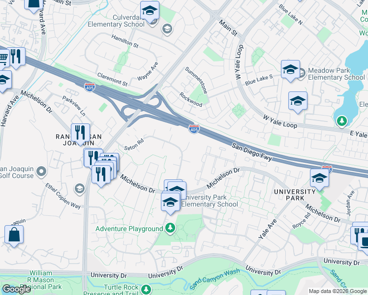map of restaurants, bars, coffee shops, grocery stores, and more near 30 Seton Road in Irvine