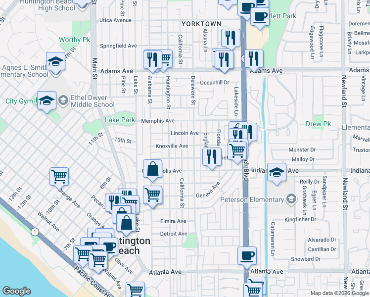 map of restaurants, bars, coffee shops, grocery stores, and more near 1001 Delaware Street in Huntington Beach