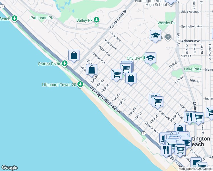 map of restaurants, bars, coffee shops, grocery stores, and more near 120 18th Street in Huntington Beach