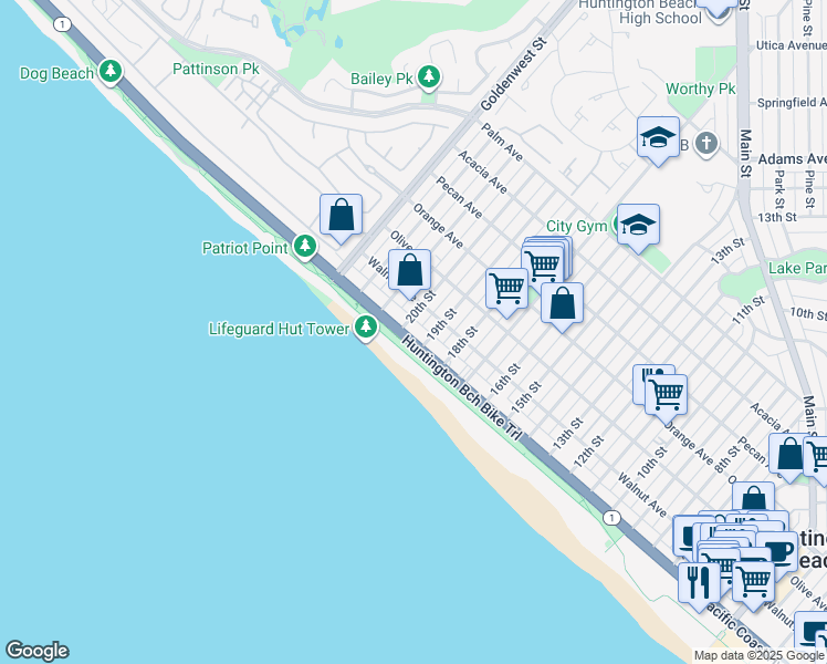 map of restaurants, bars, coffee shops, grocery stores, and more near 1900 Pacific Coast Highway in Huntington Beach