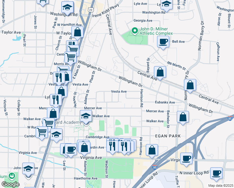 map of restaurants, bars, coffee shops, grocery stores, and more near 3267 Elm Street in Atlanta
