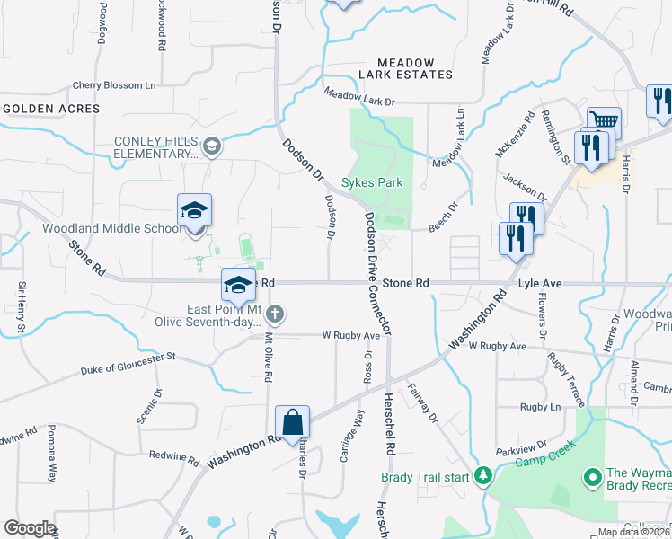 map of restaurants, bars, coffee shops, grocery stores, and more near 2595 Stone Road in East Point