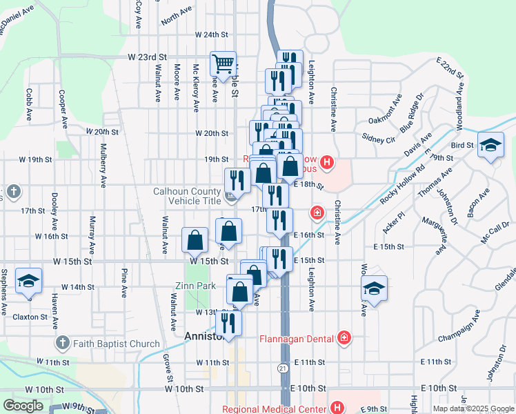 map of restaurants, bars, coffee shops, grocery stores, and more near 1625 Wilmer Avenue in Anniston