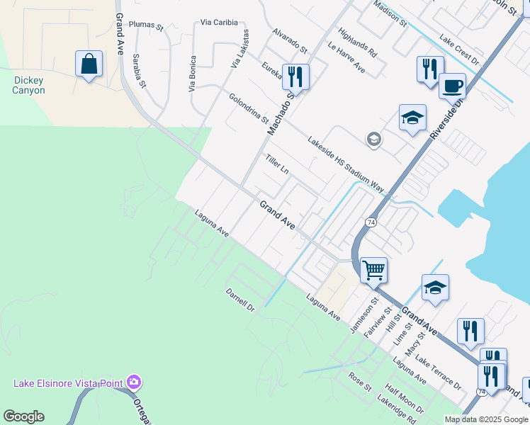 map of restaurants, bars, coffee shops, grocery stores, and more near Calle Grande in Riverside County