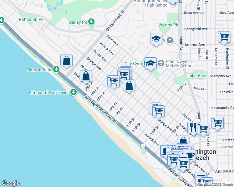 map of restaurants, bars, coffee shops, grocery stores, and more near 218 17th Street in Huntington Beach