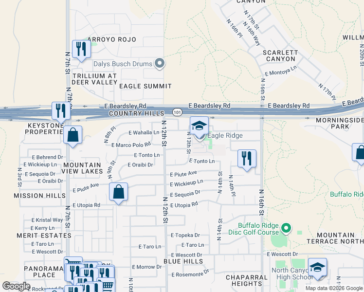 map of restaurants, bars, coffee shops, grocery stores, and more near 1225 East Marco Polo Road in Phoenix