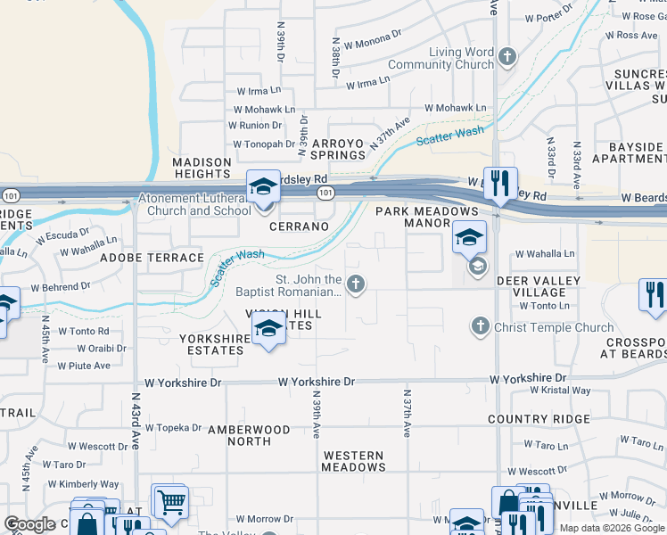 map of restaurants, bars, coffee shops, grocery stores, and more near 3838 West Behrend Drive in Glendale
