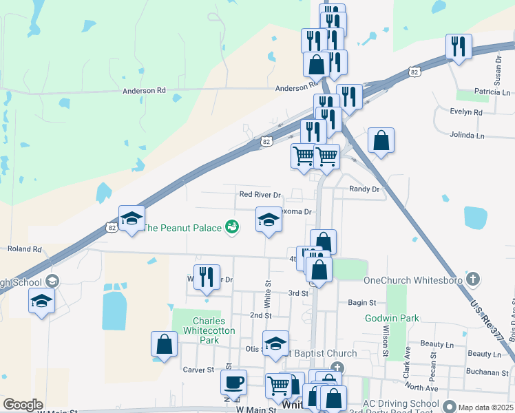 map of restaurants, bars, coffee shops, grocery stores, and more near 210 Texoma Drive in Whitesboro