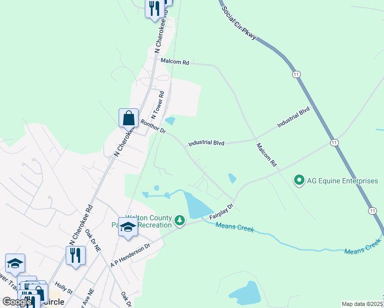 map of restaurants, bars, coffee shops, grocery stores, and more near 328 Ronthor Drive in Social Circle