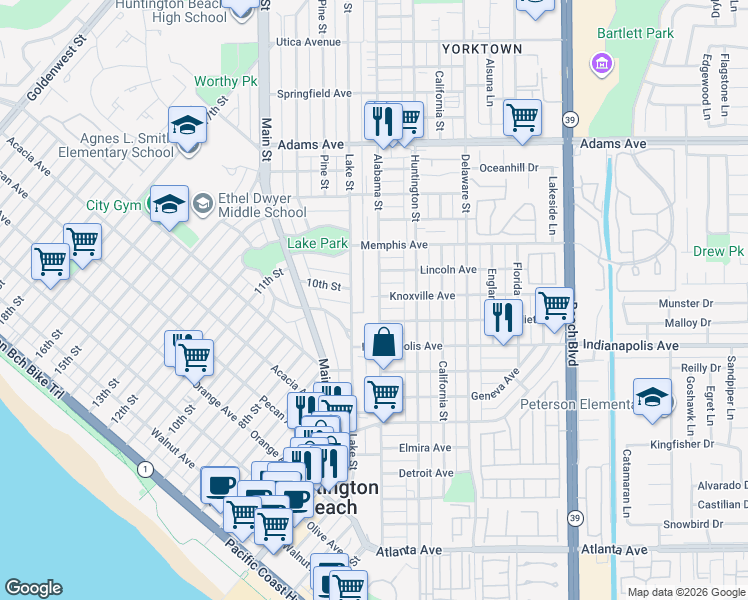 map of restaurants, bars, coffee shops, grocery stores, and more near 1021 Alabama Street in Huntington Beach