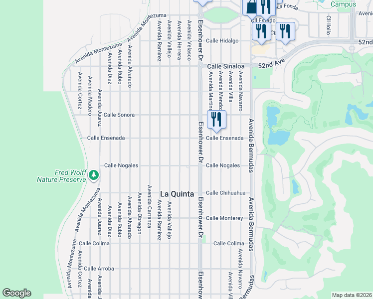map of restaurants, bars, coffee shops, grocery stores, and more near 52680 Avenue Velasco in La Quinta