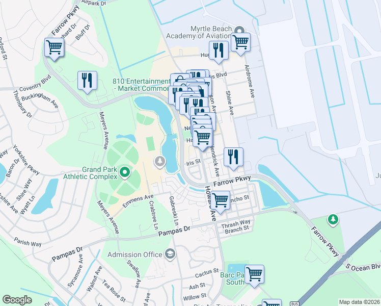 map of restaurants, bars, coffee shops, grocery stores, and more near 851 Iris Street in Myrtle Beach