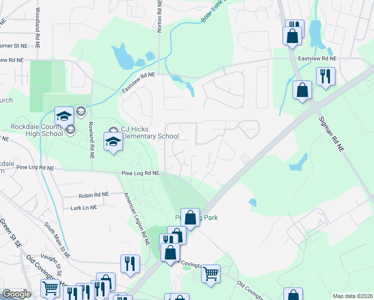 map of restaurants, bars, coffee shops, grocery stores, and more near 1450 Pine Logging Road Northeast in Conyers