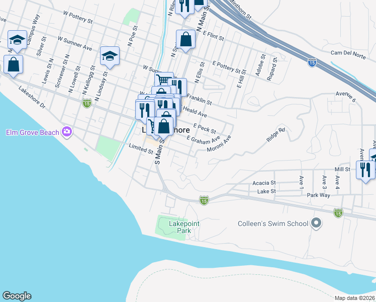 map of restaurants, bars, coffee shops, grocery stores, and more near 237 East Prospect Street in Lake Elsinore