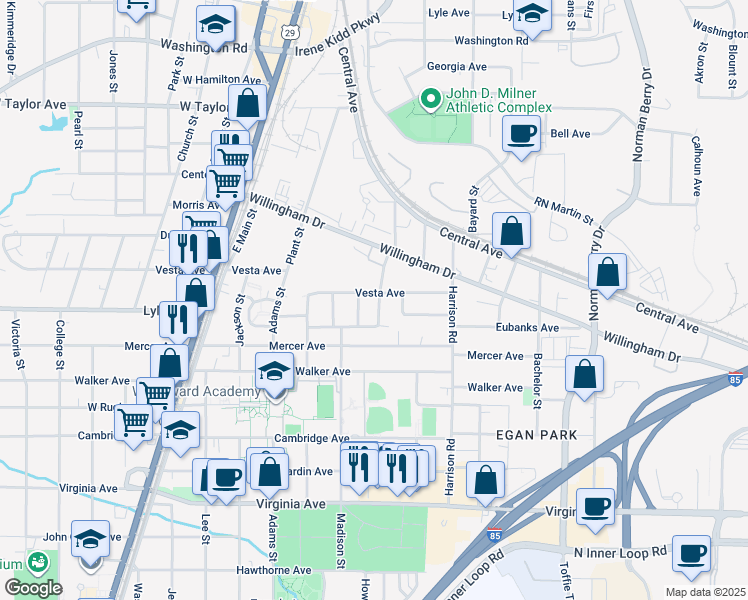 map of restaurants, bars, coffee shops, grocery stores, and more near 3267 Elm Street in Atlanta