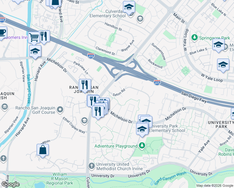 map of restaurants, bars, coffee shops, grocery stores, and more near 75 Seton Road in Irvine