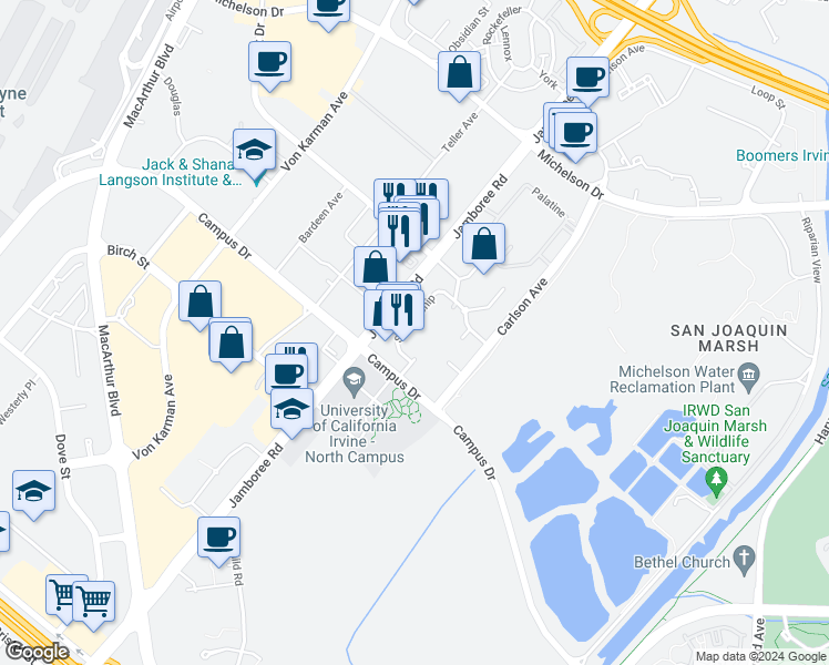 map of restaurants, bars, coffee shops, grocery stores, and more near 2164 Scholarship in Irvine