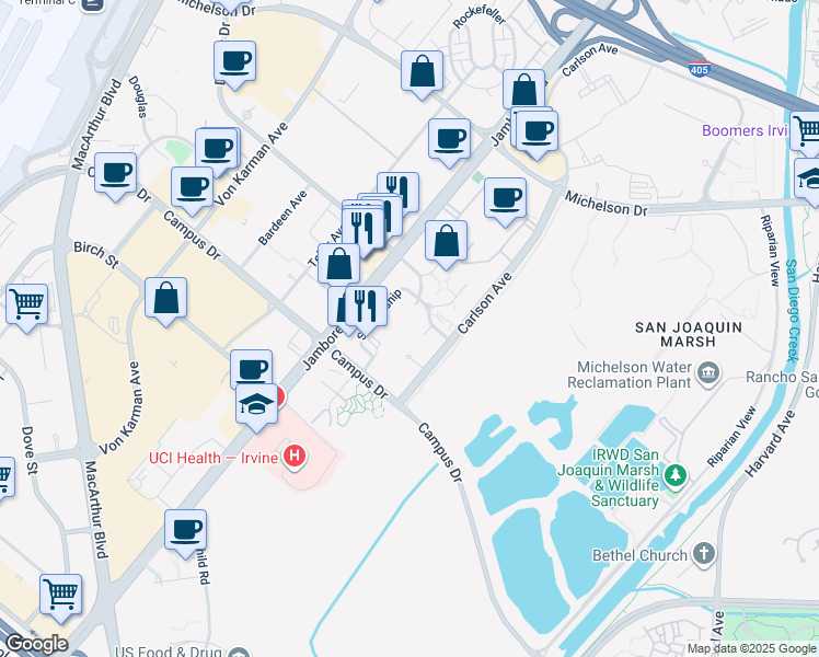 map of restaurants, bars, coffee shops, grocery stores, and more near 3326 Watermarke Place in Irvine
