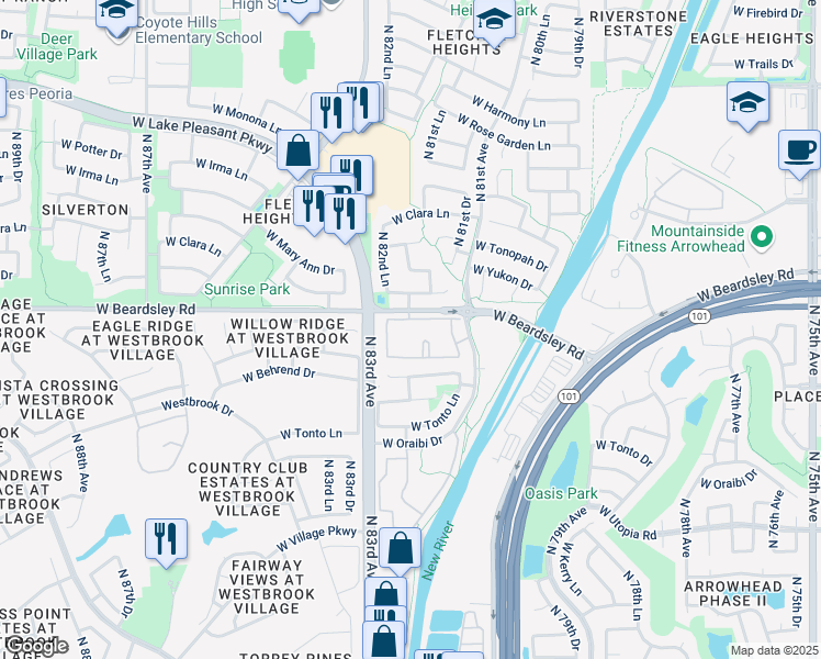 map of restaurants, bars, coffee shops, grocery stores, and more near 8201 West Beardsley Road in Peoria