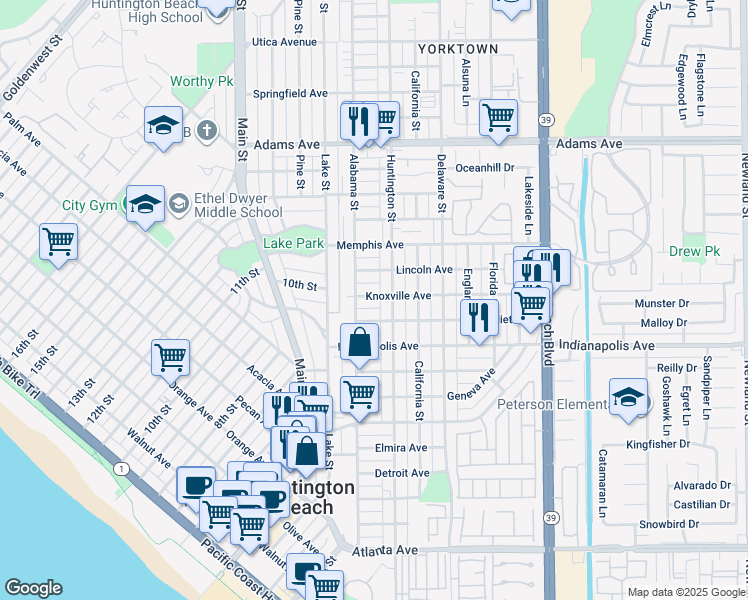 map of restaurants, bars, coffee shops, grocery stores, and more near 218 Knoxville Avenue in Huntington Beach