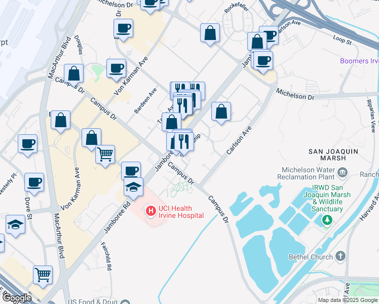 map of restaurants, bars, coffee shops, grocery stores, and more near 2380 Scholarship in Irvine