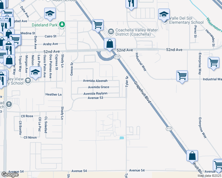 map of restaurants, bars, coffee shops, grocery stores, and more near 85953 Avenida Raylynn in Coachella
