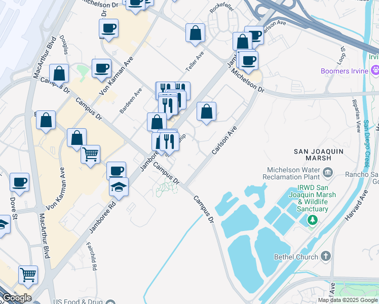 map of restaurants, bars, coffee shops, grocery stores, and more near 3426 Watermarke Place in Irvine