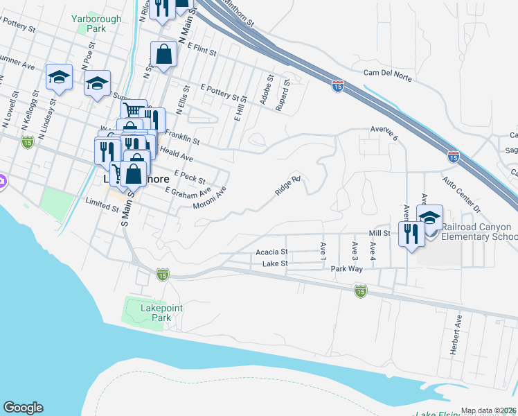 map of restaurants, bars, coffee shops, grocery stores, and more near Ridge Road in Lake Elsinore