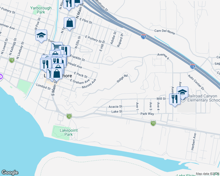 map of restaurants, bars, coffee shops, grocery stores, and more near in Lake Elsinore