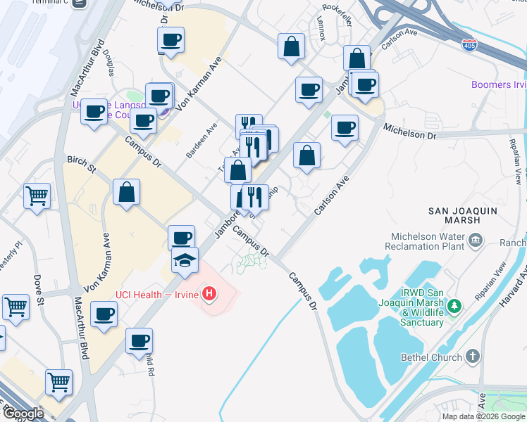 map of restaurants, bars, coffee shops, grocery stores, and more near 2134 Scholarship in Irvine