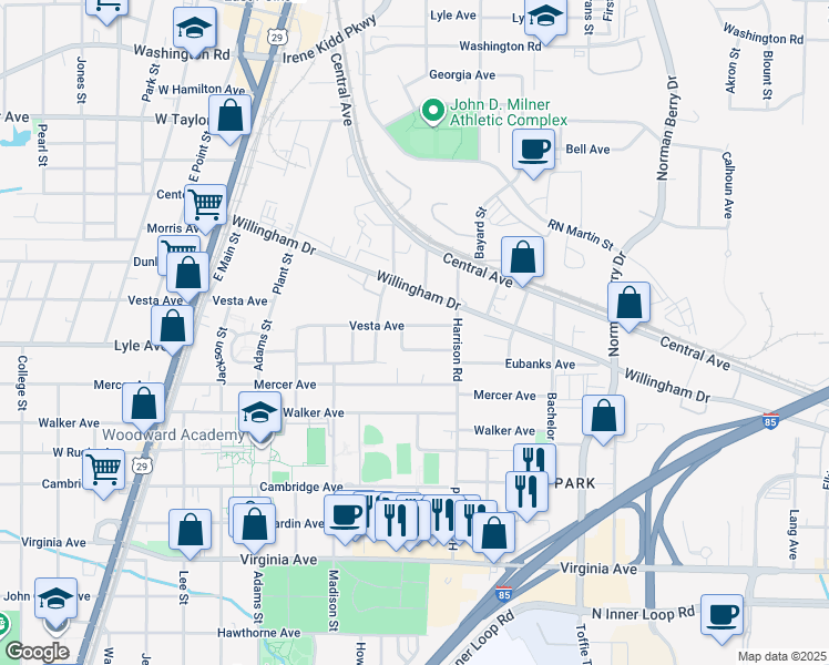 map of restaurants, bars, coffee shops, grocery stores, and more near 1438 Vesta Ave in East Point