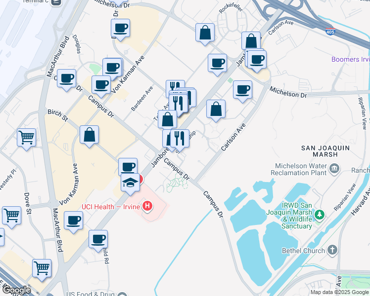 map of restaurants, bars, coffee shops, grocery stores, and more near 6280 Scholarship in Irvine
