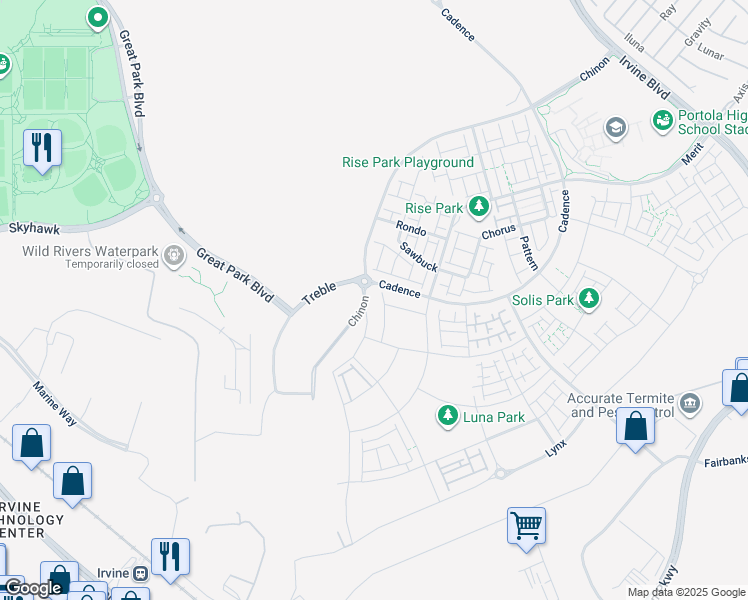 map of restaurants, bars, coffee shops, grocery stores, and more near 461 Mulligan in Irvine