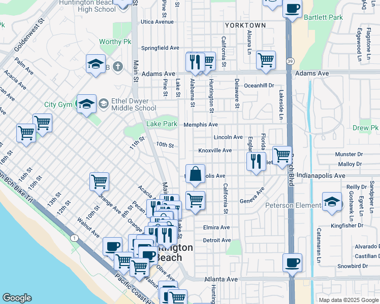 map of restaurants, bars, coffee shops, grocery stores, and more near 1021 Alabama Street in Huntington Beach