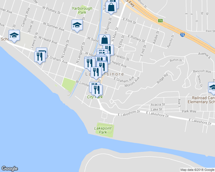 map of restaurants, bars, coffee shops, grocery stores, and more near 2 Olive Street in Lake Elsinore