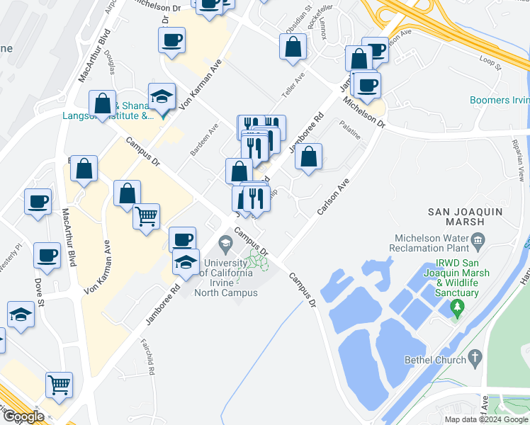 map of restaurants, bars, coffee shops, grocery stores, and more near 2324 Scholarship in Irvine