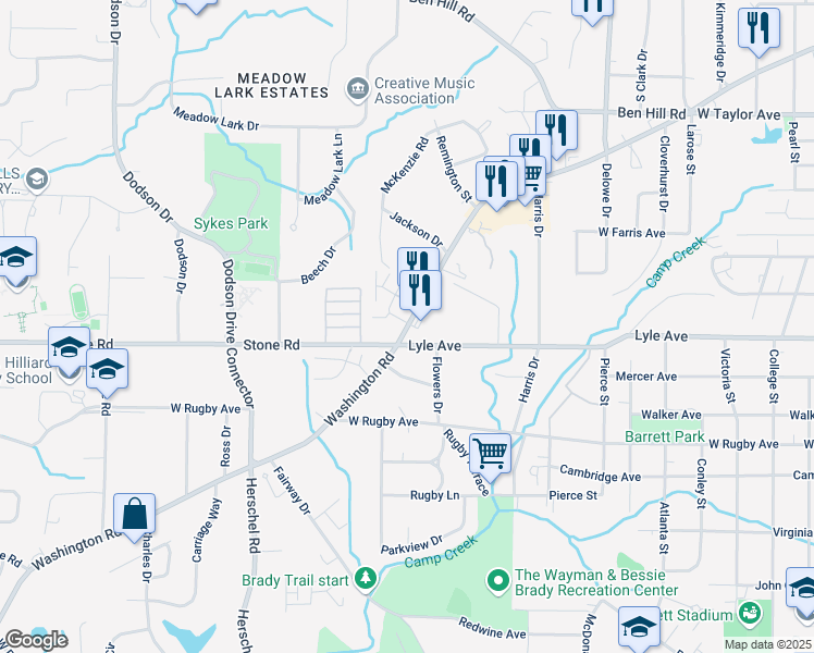 map of restaurants, bars, coffee shops, grocery stores, and more near 3267 Washington Road in East Point
