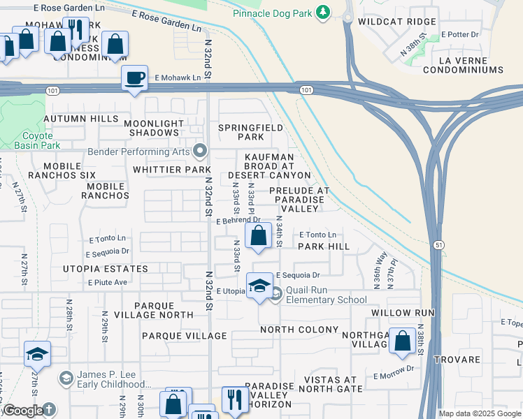 map of restaurants, bars, coffee shops, grocery stores, and more near 3315 East Behrend Drive in Phoenix