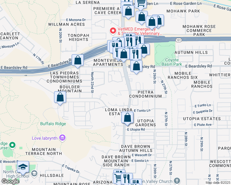 map of restaurants, bars, coffee shops, grocery stores, and more near 2331 East Marco Polo Road in Phoenix