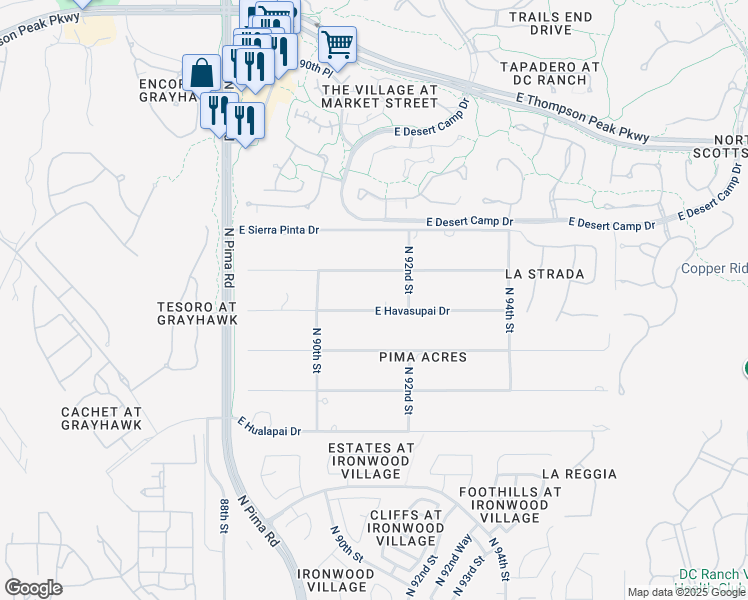 map of restaurants, bars, coffee shops, grocery stores, and more near 9021 East Havasupai Drive in Scottsdale