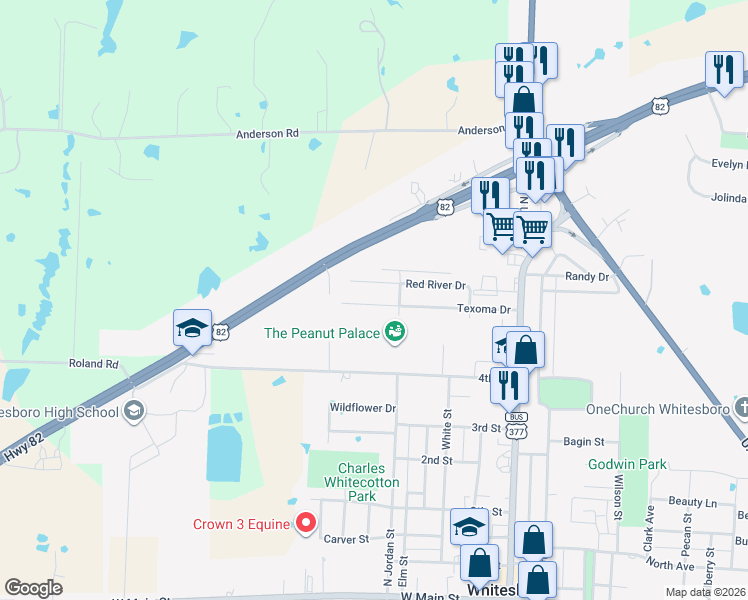 map of restaurants, bars, coffee shops, grocery stores, and more near 303 Texoma Drive in Whitesboro