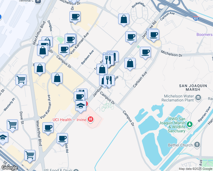 map of restaurants, bars, coffee shops, grocery stores, and more near 5038 Scholarship in Irvine