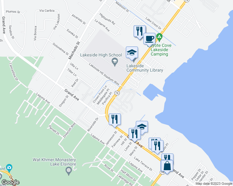 map of restaurants, bars, coffee shops, grocery stores, and more near 32902-32934 Riverside Dr in Lake Elsinore
