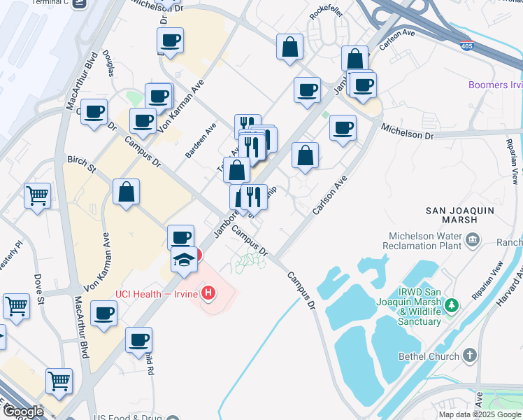 map of restaurants, bars, coffee shops, grocery stores, and more near 2432 Scholarship in Irvine