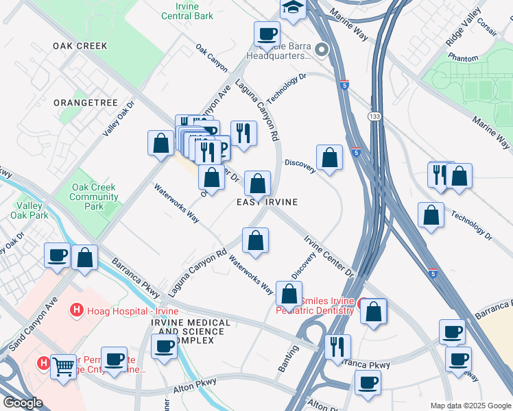 map of restaurants, bars, coffee shops, grocery stores, and more near 15770 Laguna Canyon Rd in Irvine