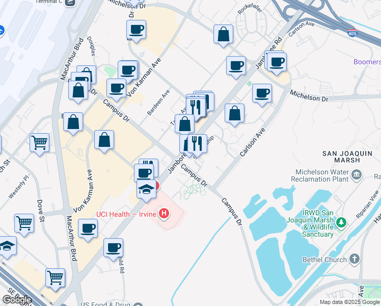 map of restaurants, bars, coffee shops, grocery stores, and more near 5102 Scholarship in Irvine