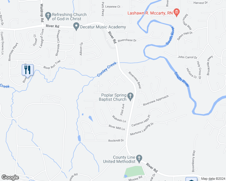 map of restaurants, bars, coffee shops, grocery stores, and more near 3472 Riverview Chase Way in Ellenwood