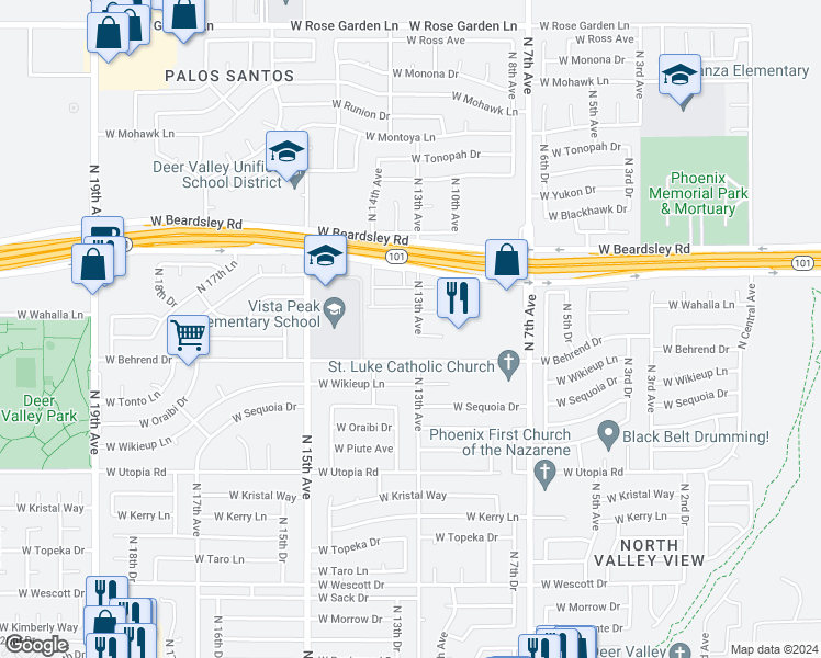 map of restaurants, bars, coffee shops, grocery stores, and more near 222 West Behrend Drive in Phoenix