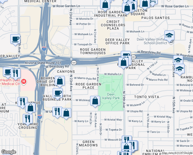 map of restaurants, bars, coffee shops, grocery stores, and more near 2102 West Behrend Drive in Phoenix